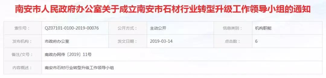 福建南安市石材行業轉型升級工作領導小組名單公布