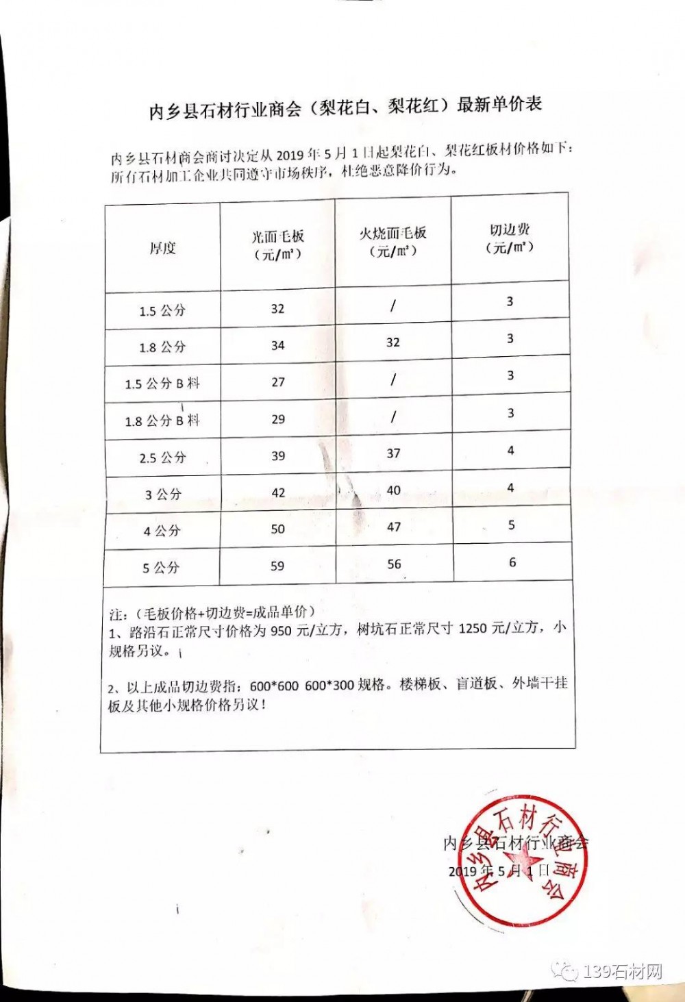 內(nèi)鄉(xiāng)石材（梨花白、梨花紅）價(jià)格表